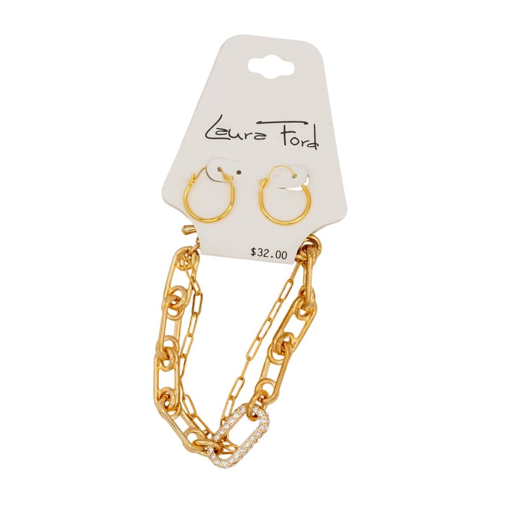 LAURA FORD Gold-Toned Hoop Earrings Chunky Paperclip & Oval Bracelet